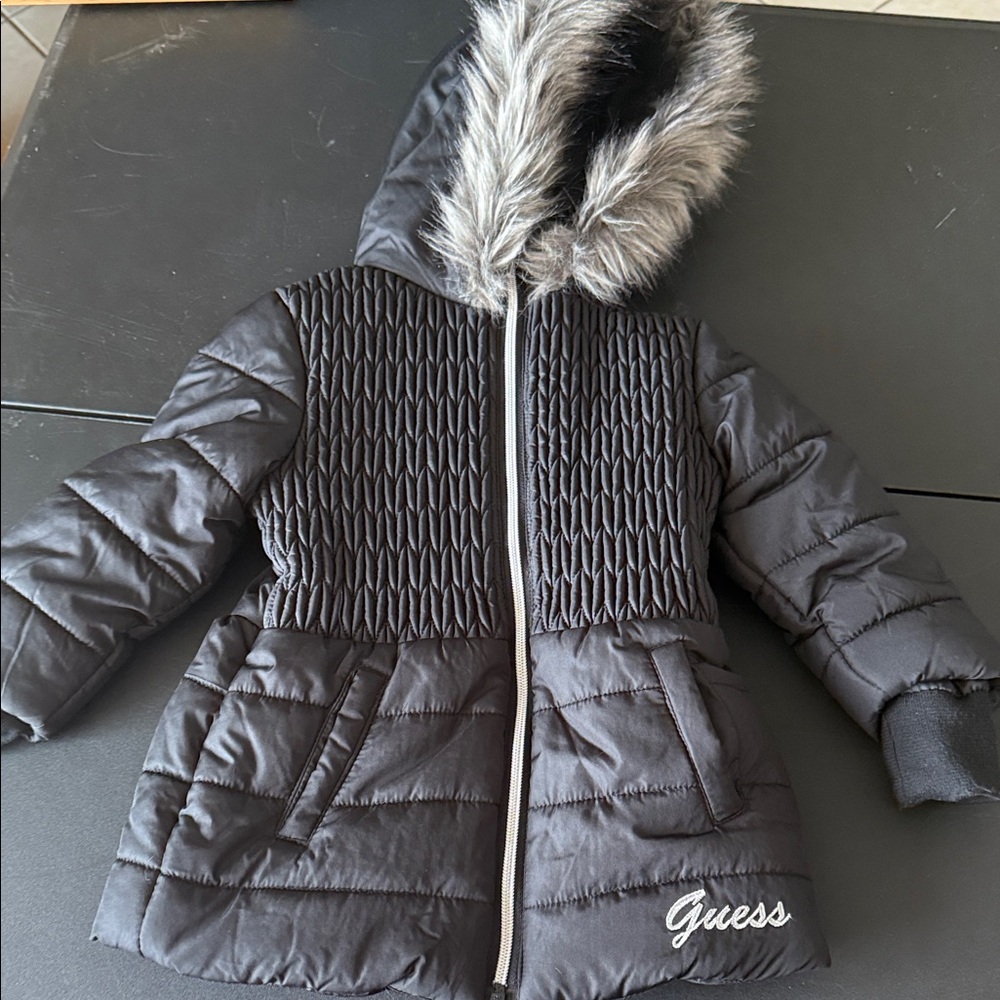 Guess Charcoal Puffer Coat with Faux Fur Trim